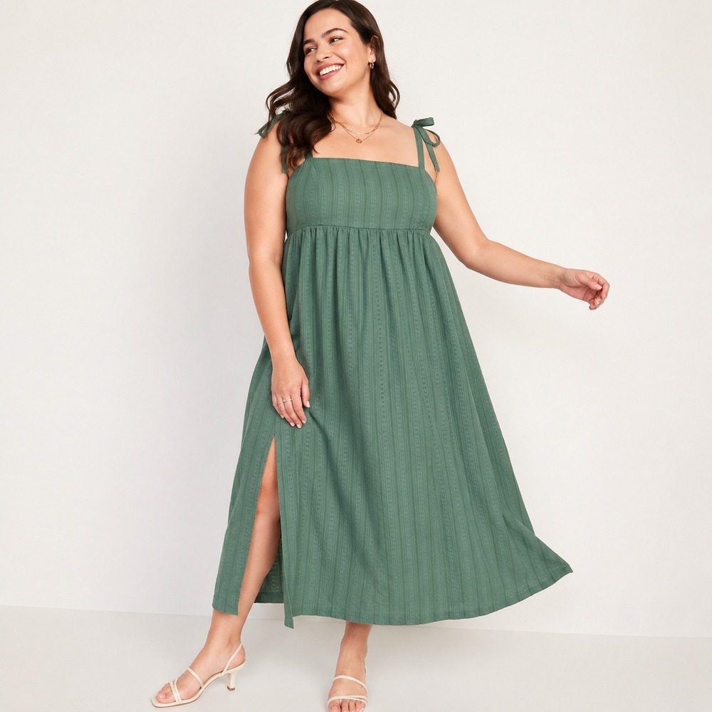 Old‎ Navy Fit & Flare Midi Sundress Green Dobby Stripe Tie Shoulder Summer 3X